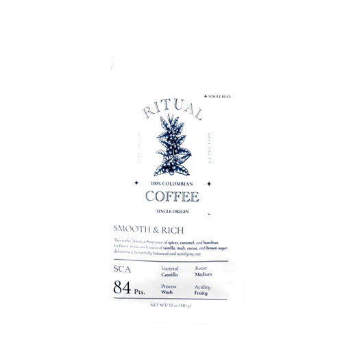 Ritual Specialty Coffee - Colombian Single Origin Whole Bean Coffee, Low Acidity, Smooth & Rich Profile, SCA 84+ Score (Caramel, Vanilla, Cocoa), Medium Roast, 12oz (340g), 100% Arabica Castillo Variety