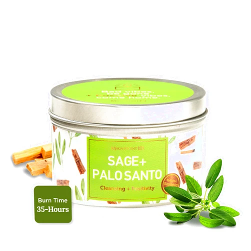 MAGNIFICENT 101 Sage & Palo Santo Aromatherapy Candle - 6 Oz White Soy Wax - 35-Hour Burn & Energy Cleansing - Manifestation & Meditation Accessories - Spiritual Decor & Gifts for Women