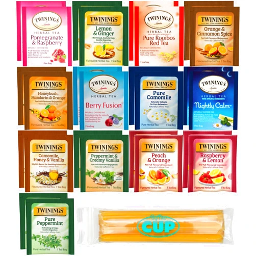 By The Cup Twinings Herbal Tea Sampler, Naturally Caffeine-Free (Pack of 26) 13 Flavors, 2 of each Flavor with By The Cup Honey Sticks