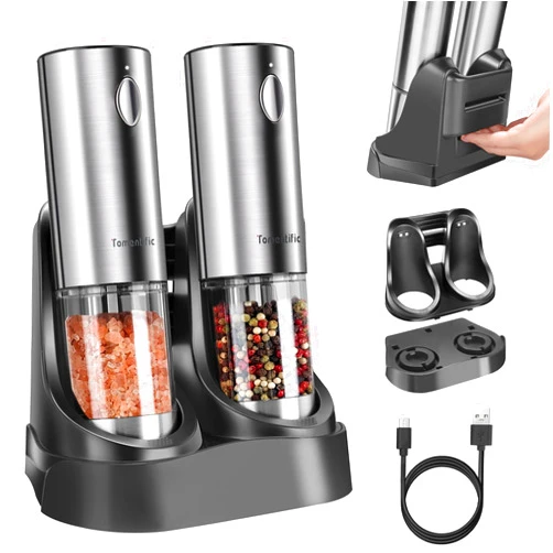 Tomentific [Upgraded Larger Capacity]Electric Salt and Pepper Grinder Set Tomentific, Automatic Pepper Mills with Easy-to-Carry Dual Charging Station and Adjustable Coarseness, LED Light, Stainless Steel