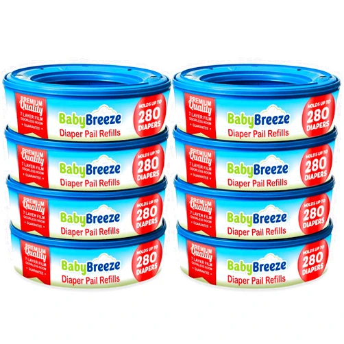 BabyBreeze Diaper Pail Refill Bags Compatible with Playtex Diaper Genie Pails Odor Absorbing Diaper Disposal Trash Bags - 2240 Count (8-Pack)