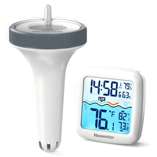 Newentor Pool Thermometer Floating Easy Read, Digital IPX8 Swimming Pool Thermometer Wireless, Water Temperature Gauge with Indoor Thermometers, Floating Thermometer for Pool/Hot Tub/Fish Tank, White