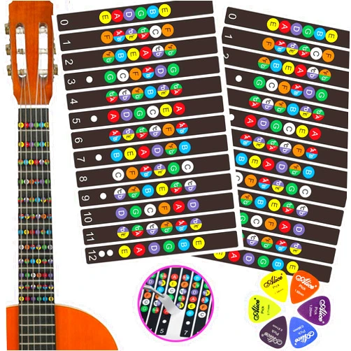 Gadjica 2 PCs Self Adhesive Guitar Fretboard Stickers & 6 Picks - Color Coded Note Decals Fingerboard Frets - Best Guitar learning Tools for Beginner Learner