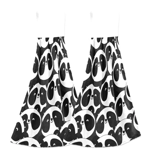 YETTASBIN Cute Panda Hanging Tie Towels Set of 2, Soft Absorbent Kitchen Hand Towels with Hanging Loops for Kitchen Bathroom Farmhouse Home Decor, 18.2 x 14 Inch