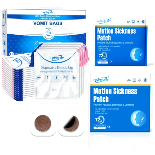 Hionfurt 16 Count Motion Sickness Patches and 12 Pcs Absorbent Vomit Bags Disposable