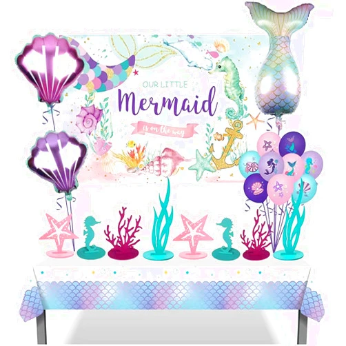 SanyGe 31Pcs Mermaid Birthday Decorations Under the Sea Party Supplies for Ocean Theme Little Mermaid Birthday Party Baby Shower Party Felt Table Centerpiece Background Cloth Balloons