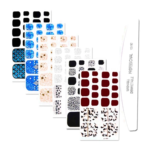 WOKOTO 6 Sheets Toenail Art Polish Stickers Strips with 1Pc Nail File Glitter Sequins Manicure Design Adhesive Nail Wraps Decal Tips