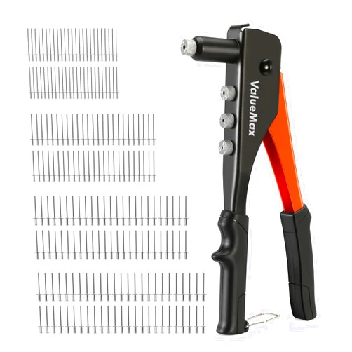 ValueMax 4-in-1 Hand Riveter/Rivet Gun, Pop Rivet Tool Kit with 200 Rivets - 3/32-inch, 1/8-inch, 5/32-inch, 3/16-inch, 4 Interchangeable Nosepieces, Suitable for Metal