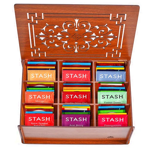 Eva's Gift Universe Tea Sampler Gift Box – 80 Tea Bags, 28 Unique Flavors – MDF Wooden Organizer – Premium Variety Pack for Family, Friends, Coworkers – Brown Edition