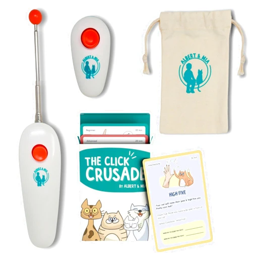 ALBERT & MIA Cat Clicker Training Kit + The Click Crusade Bundle (Cat Training Card Game Guide to Clicker Training for Cats for Teaching Tricks, Improving Communication and Bonding with Your Kitten
