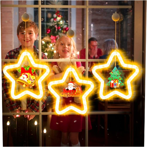 Qoyntuer 3Pcs Christmas Window Star Lights, Window Lights Christmas Decor, Battery Powered Hanging Christmas Lights with Suction Cup, Christmas Decorations Star Lights for Xmas Indoor Decor (Set A)