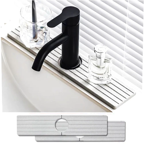 Ude-licate 2 Sets Diatomaceous Sink Faucet Absorbing Mat Fast Drying Stone Mat Sink Gadgets,Sink Splash Guard Behind Faucet Drip Catcher,Diatomite Drying mat for Bathroom Kitchen Bar(Grey)