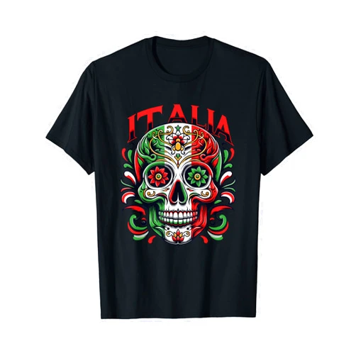 Threadrock Italia Decorative Skull Italy Flag Tattoo Goth Italian Pride T-Shirt