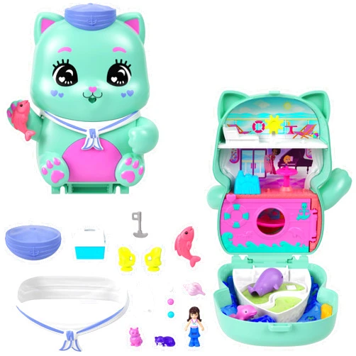 Polly Pocket Dolls and Playset, Set Sail Kitty Compact, Travel Toy with 1 Micro Doll, Pet Cats, Food & Fashion Styling Accessories