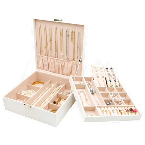 ProCase Jewelry Box for Women, 2 Layers Large Leather Jewelry Organizer Storage Case with Removable Pad for Earrings -White