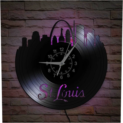 TIMEGLOW St. Louis Cityscape Skyline Wall Clock, 12 Inch 7 Kinds of LED Color Vinyl Record Wall Clock, Silent Quartz Non Ticking Modern Decorative Night Light Wall Watch Clock for Living Room Bedroom