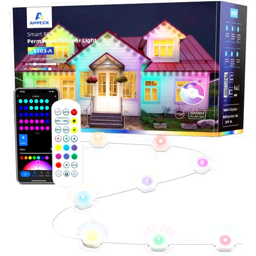 APPECK Permanent Outdoor Lights 100ft, Smart RGB Outdoor Lights with 72 LEDs, IP65 Waterproof LED Eaves Lights, 54 Scene Modes Lighting for Party, Daily, Halloween, Christmas, Roof, Garden, Patios
