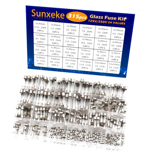 Sunxeke 24 Values 315 Pcs Fast Blow Glass Fuses Assortment Kit 250V 0.5A 1A 2A 3A 5A 6A 8A 10A 15A 20A 6x30mm, 250V 1A 5A 10A 15A 20A 5x20mm,125V 1A 3A 5A 7A 8A 5x20mm,125V 1A 2.5A 3A 5A 3.6X10mm.