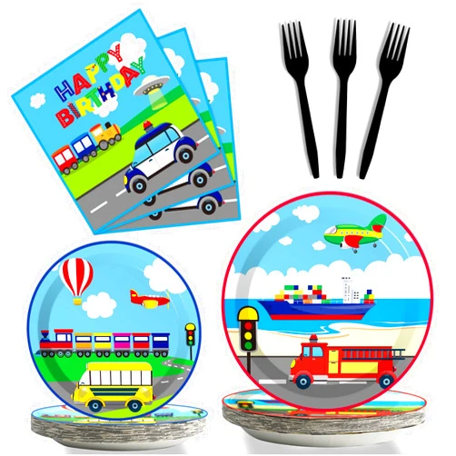 gisgfim 96 Pcs Transportation Plates and Napkins Party Supplies Car Tableware Set Bus Train Plane Ship Traffic Light Decorations Favors for Girls Boys Birthday Baby Shower Serves 24