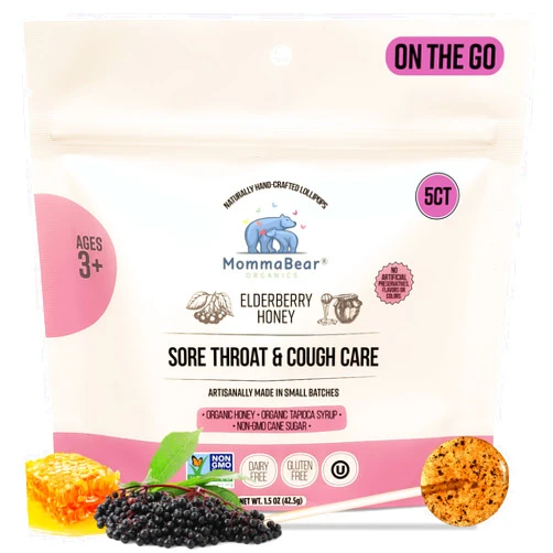MommaBear Organics Handcrafted Kids Cough Lollipops (Ages 2-11) - Natural Sore Throat Relief & Cough Drop Suckers - Elderberry Bits, Honey & Organic Flavors - Tightly Sealed for Freshness, 5pc