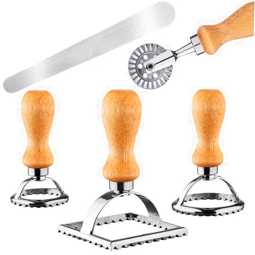SUMBLIME Ravioli Cutter Stamp Set Maker - Stainless Steel Pastry Roller Rolling Wheel & 3PCS Pasta Mold Press for Dumpling Lasagna Pierogi Dough Cookie Pie Crust Making Machine, Round & Square, Silver