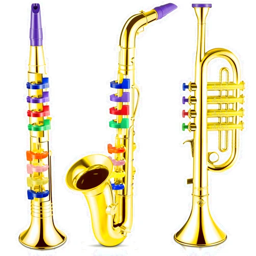 Lewtemi Set of 3 Saxophone for Kids Musical Instruments Toy Saxophone Toy Trumpet and Toy Clarinet with 8 Colored Coded Keys Teaching Songs for Toddlers Children (Gold)