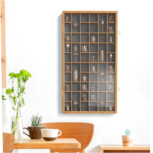 Foriy 52 Shot Glass Display Case Large Capacity Shot Glass Holder with Lockable Door Solid Wood Cabinet Collection Wall Mounted Storage Box with Removable Shelves 18x33x2in