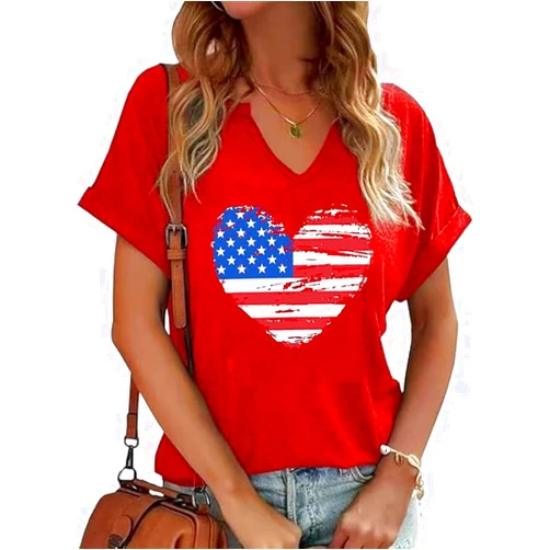 Omzura Womens 4th of July Funny Popsicle Graphic Tees American Flag Heart Patriotic V Neck T-Shirt Here for The Boom Short Sleeve