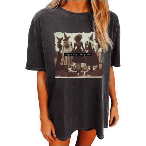 Yuaelria Oversized Halloween Shirt Women Vintage 1692 Witch T-Shirt Skeleton Ghost Graphics Tee Salem Fall Short Sleeved Top
