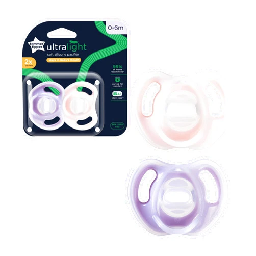 Tommee Tippee Ultra-Light Silicone Pacifier, 0-6 Months, Symmetrical One-Piece Design, BPA-Free Silicone Binkies, Pink/Purple, Pack of 2