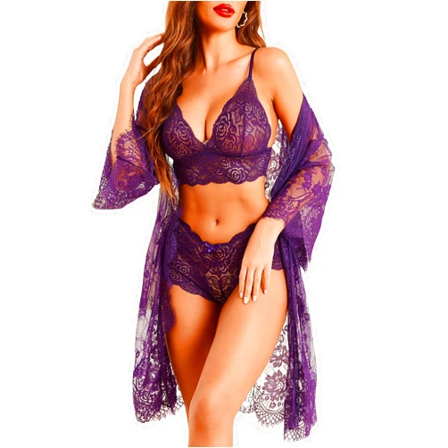Avidlove Women Sexy Lingerie Set 3 Piece Bra and Panty Sets with Lace Kimono Robe Sleepwear Mesh Nightgown