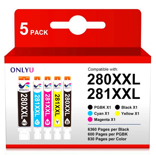 ONLYU 280XXL 281XXL Compatible for Canon Ink 280 and 281 Cartridges PGI-280XXL CLI-281XXL for Canon TR8520 Ink Cartridges for Pixma TR8620 TR8620a TS6320 TR7520 TS6120 TS6220 TS8220 TS9520 (5 Packs)