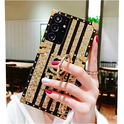XiaYong A53 5G for Samsung Galaxy A53 5G Case Fashion Square Box Women Design Gold Bling Glitter Rose Flower Soft Trunk Cover with Ring Kickstand Phone Skin,Gold