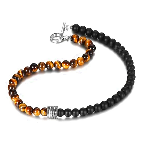 KenKenn 8mm Natural Stone Tiger Eye Lava Rock Bead Necklace Stainless Steel For Men, Bead Charm Choker Neck Chain Fashion Male Jewelry (18 inch)