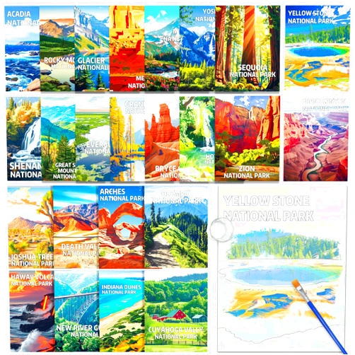 ZOIIWA 24 Pcs Dementia Products for Elderly Reusable Water Painting Toys National Park Dementia Activities for Adults Landscape Nature Water Coloring Set Scenery Mountain Scene Painting Brush Drawing Gifts