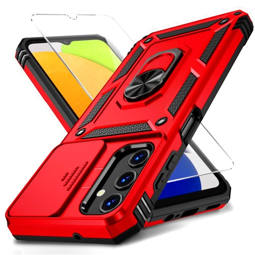 Vinve for Samsung Galaxy A03S Case with Slide Camera Lens Cover, HD Screen Protector, Military Grade Drop Protection, Magnetic Rotated Ring Holder Kickstand Phone Case (Red)