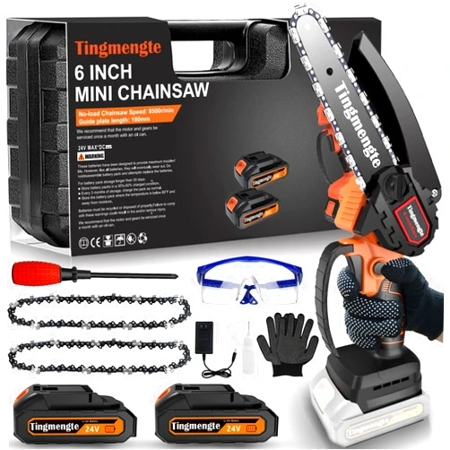 Tingmengte Mini Chainsaw 6 Inch, Cordless Mini Chainsaw Battery Powered with 24V 10000mAh Rechargeable Battery, 2.57Lb One-Hand Use Electric Chainsaw, Handheld Chainsaw for Tree Trimming Wood Cutting