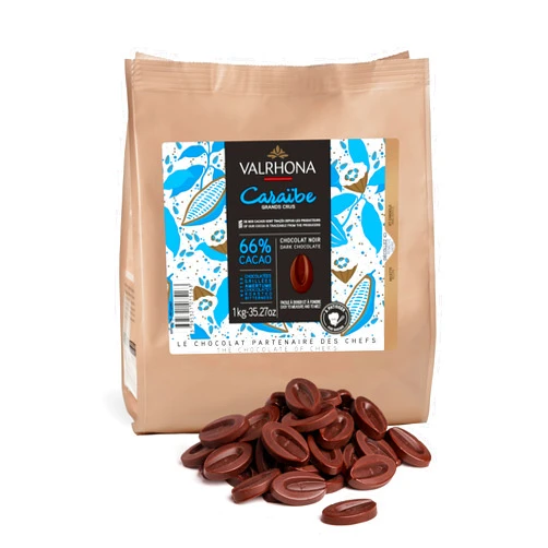Valrhona Dark French Chocolate Discs for Baking (Feves). Premium CARAÏBE 66% Cacao Grand Cru Blend. Easy Melt & Tempering. Cookies, Cakes, Mousses, Frostings, Hot Chocolate, Candies 1kg (Pack of 1)