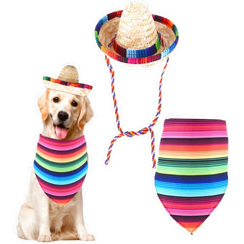 InnoHHustle Dog Sombrero Hat, Multicolor Pet Sombrero Hats and Dog Triangle Scarf Bib Costume Mexican Straw Hat Mexican Sombrero Cap Party Decorations for Small Dog Puppy Cat Birthday Halloween, 2PCS