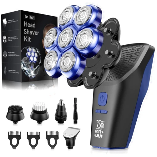 Mosluckamp Head Shavers for Bald Men, 7D Electric Magnetic Shaver Razor Face Hair Trimmer for Men, Rechargeable LED Display IPX7 Waterproof Detachable 10 in 1 Shaving Grooming Kit Type-C Charge Dry/Wet (Blue)