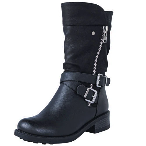 GLOBALWIN Women's Fall Fashion Biker Boots Mid Calf Boots For Women Low Heel
