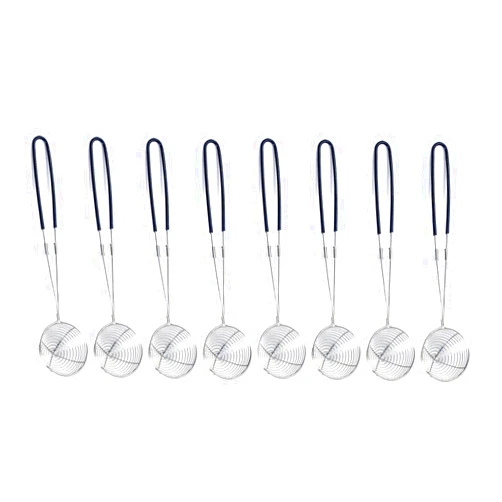 TheStriven 8 Pieces Stainless Steel Spider Strainer Pot Skimmer with Silicone Handle Strainer Spoon Fine Mesh Skimmer with Long Handle Small Strainer for Pearl Milk Tea (Black)