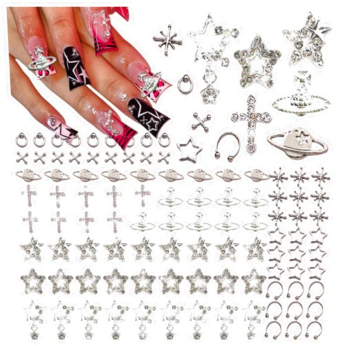 BBATT-HAPPY 110PCS Star Nail Charms for Acrylic Nails,Silver Star Planet Cross Alloy Nail Art Decoration, Nail Stones Nail Jewels Accessories for Nail Art Supplies Manicure Craft DIY