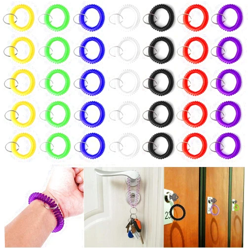 KINMINGZHU 35pcs-Assorted Color Stretchable Plastic Bracelet Wrist Coil Wrist Band Key Ring Chain Holder Tag (5pcs for Each Color 7 Mixed Color)