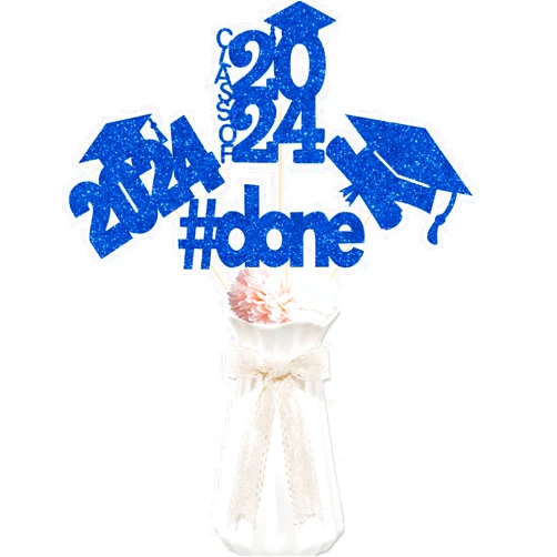 CAVLA 16 Pieces Blue Glitter 2024 Graduation Party Centerpiece Sticks Class of 2024 Done Graduation Cap Diploma Table Toppers 2024 High School College Congrats Grad Graduation Party Decoration