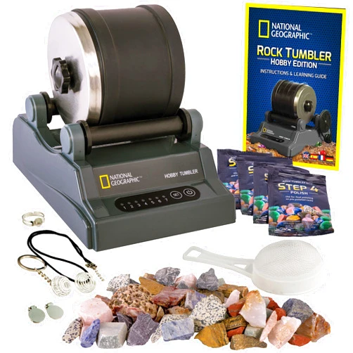 NATIONAL GEOGRAPHIC Rock Tumbler Kit – Hobby Edition includes Rough Gemstones, and 4 Polishing Grits, Great STEM Science Kit for Geology Enthusiasts, Rock Polisher for Kids and Adults