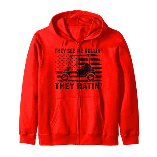 Golf Course Cart Driving 4th July Veteran Golfer Funny Golfer Dad Husband Mens US Flag They See Me Rolling Zip Hoodie