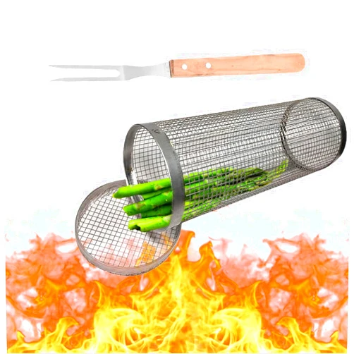 Vibebli BBQ Net Tube Stainless Steel Barbecue Cooking Grill Grate with Adjust Fork - Outdoor Cylinder Campfire Grill Grid Vegetables Grill Basket Grilling Accessories, Camping Picnic Cookware