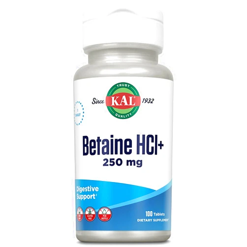 KAL Betaine HCL with Pepsin, Digestive Health Supplement with 250mg Betaine Hydrochloride Plus 130mg Pepsin, Gluten Free, Non-GMO, 60-Day Guarantee, Rapid Disintegration Tablets, 100 Servings, 100ct