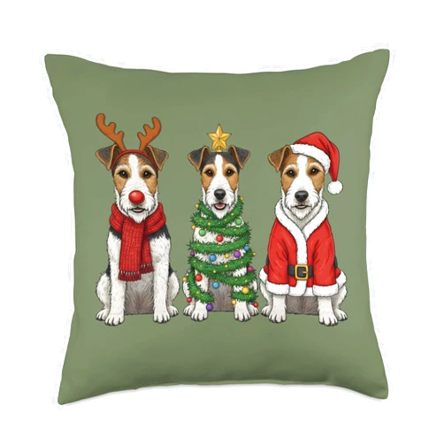Funny Vintage Xmas Wire Hair Fox Terrier Christmas Retro Christmas Fox Terrier Santa Reindeer Dog Lover Throw Pillow